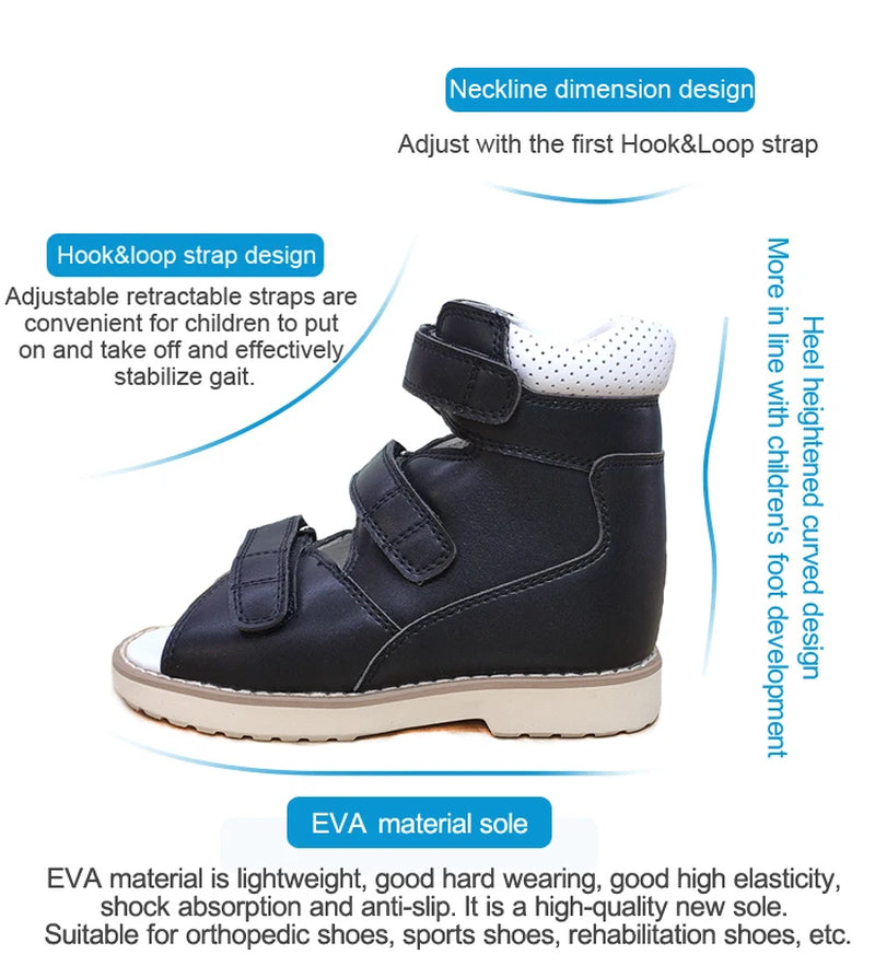 Boy Kid Orthopedic Shoes for Children Summer Black Leather Sandals Toddler Footwear Flat Feet with Ankle Support Size20-38