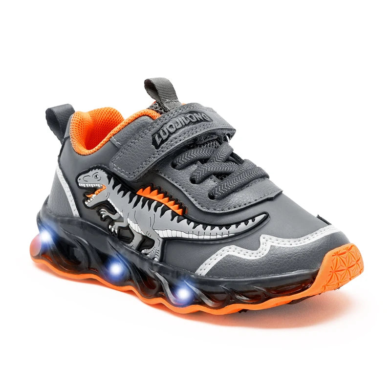 2-6Y Children LED Giganotosaurus Autumn Leather Light up Shoes Boys Dinosaur Little Kids Outdoor Flashing Sports Sneakers