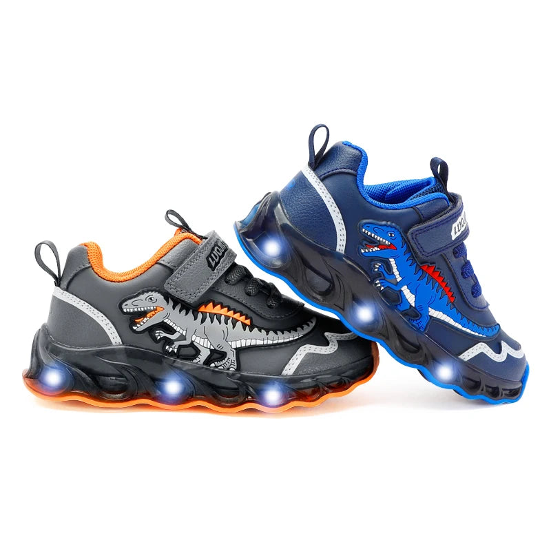 2-6Y Children LED Giganotosaurus Autumn Leather Light up Shoes Boys Dinosaur Little Kids Outdoor Flashing Sports Sneakers