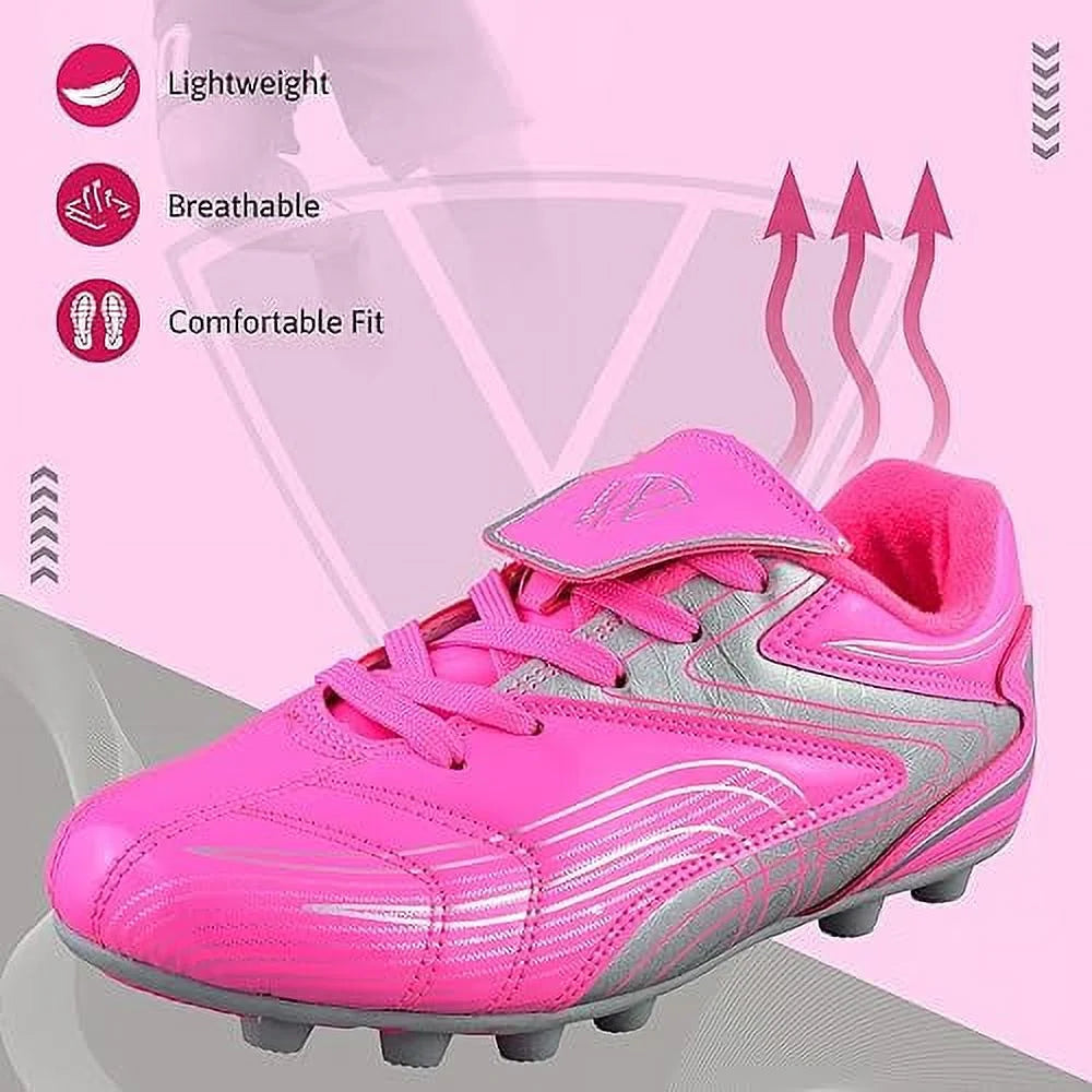 Youth Firm Ground Soccer Cleats – Comfortable, Durable Outdoor Soccer Shoes for Boys and Girls, Pink, 10.5