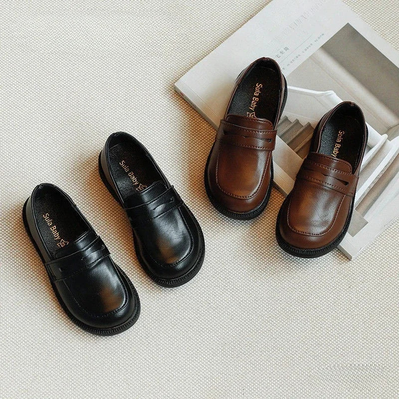 2-8Y Children'S British Leather Shoes Spring New Versatile Comfortable Boys' Girls Black Single Shoes Retro Soft Leather Shoes