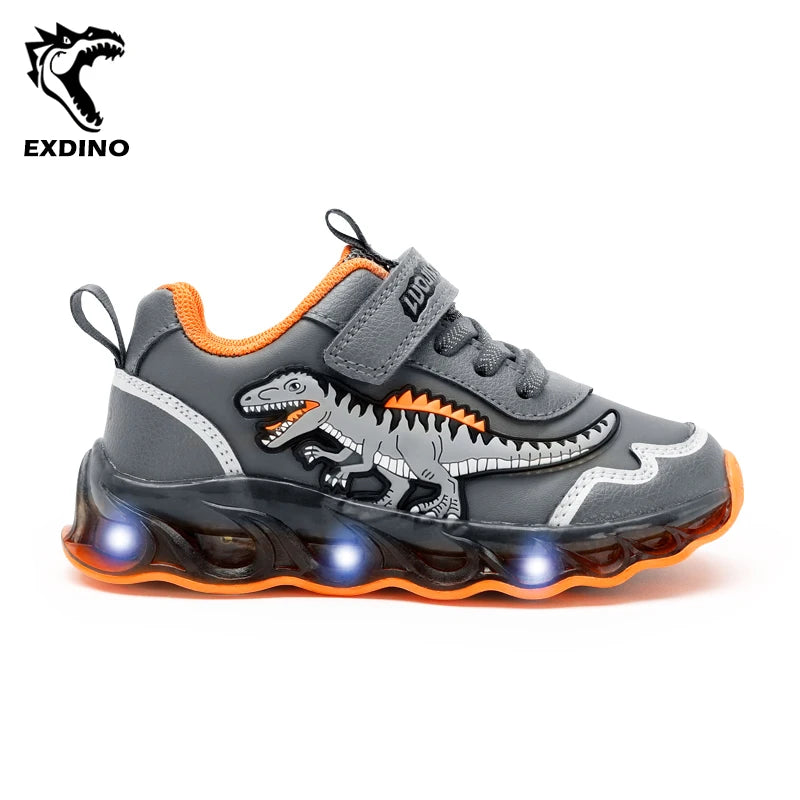 2-6Y Children LED Giganotosaurus Autumn Leather Light up Shoes Boys Dinosaur Little Kids Outdoor Flashing Sports Sneakers
