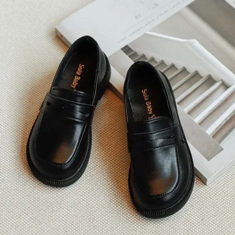 2-8Y Children'S British Leather Shoes Spring New Versatile Comfortable Boys' Girls Black Single Shoes Retro Soft Leather Shoes