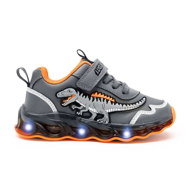 2-6Y Children LED Giganotosaurus Autumn Leather Light up Shoes Boys Dinosaur Little Kids Outdoor Flashing Sports Sneakers