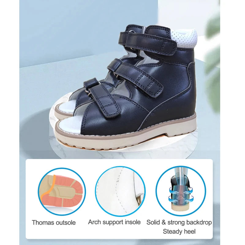 Boy Kid Orthopedic Shoes for Children Summer Black Leather Sandals Toddler Footwear Flat Feet with Ankle Support Size20-38