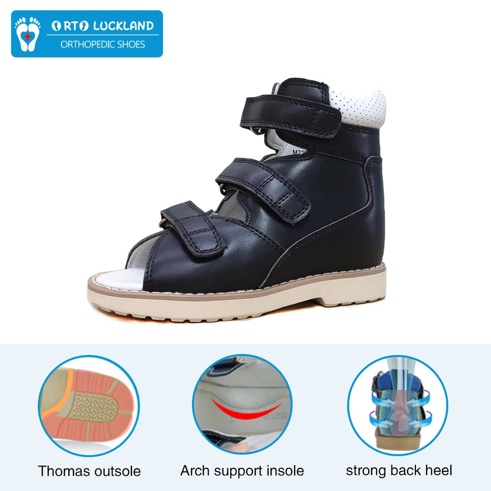 Boy Kid Orthopedic Shoes for Children Summer Black Leather Sandals Toddler Footwear Flat Feet with Ankle Support Size20-38