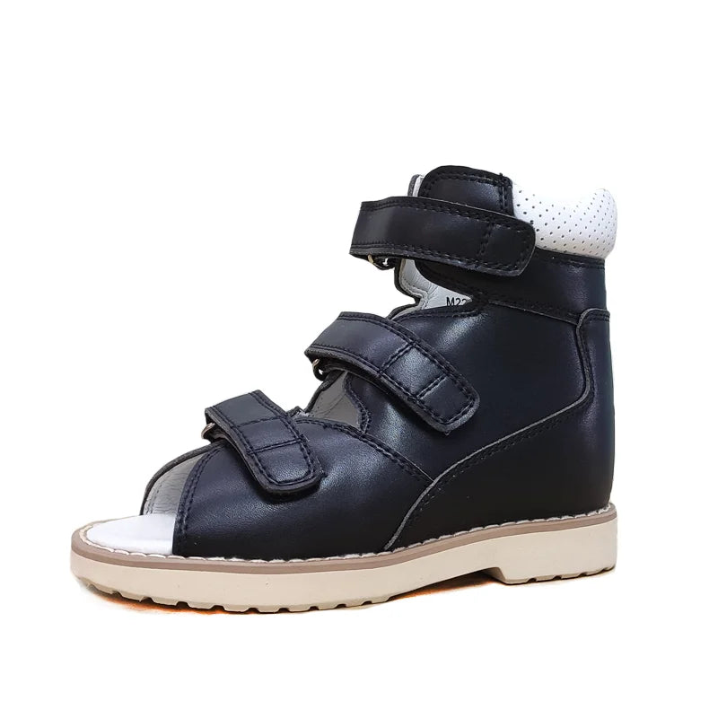 Boy Kid Orthopedic Shoes for Children Summer Black Leather Sandals Toddler Footwear Flat Feet with Ankle Support Size20-38