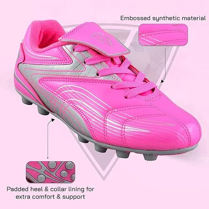 Youth Firm Ground Soccer Cleats – Comfortable, Durable Outdoor Soccer Shoes for Boys and Girls, Pink, 10.5