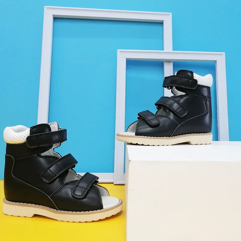 Boy Kid Orthopedic Shoes for Children Summer Black Leather Sandals Toddler Footwear Flat Feet with Ankle Support Size20-38