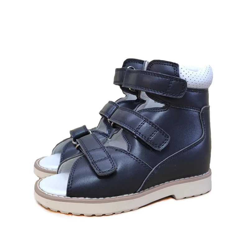 Boy Kid Orthopedic Shoes for Children Summer Black Leather Sandals Toddler Footwear Flat Feet with Ankle Support Size20-38